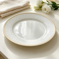 Service de table en porcelaine gaufrée crème avec bord doré, assiettes et bols en céramique blanc ivoire minimalistes, vaisselle compatible micro-ondes et lave-vaisselle