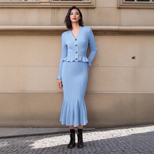 Ensemble deux pièces pour femme, style français, cardigan à col en V à volants, jupe longue moulante à queue de poisson, couleur unie, tricot extensible, MLXL - Product Image 2