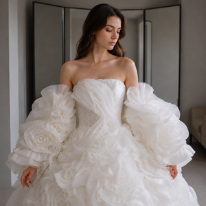 Vestido de Novia de Organza con Rosetones, Mangas Abullonadas Desmontables, Escote Corazón, <span class=keywords><strong>Volantes</strong></span> Florales, Falda de Tul con Capas, Lujoso - Product Image 4