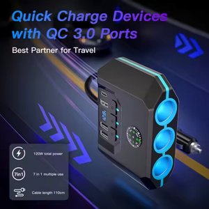 120W 3 Socket Car Charger 4 Port <b>USB</b> Charging <b>Hub</b> QC3.0 PD Fast Charge Cigarette Lighter Adapter for Travel - Product Image 4