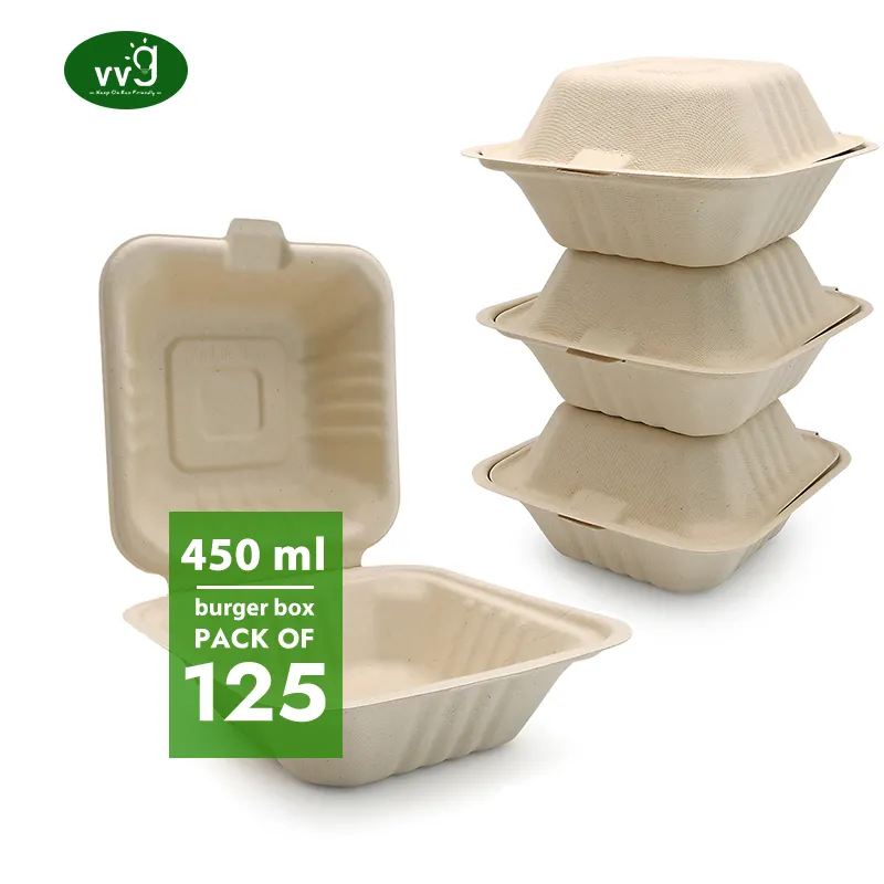 VVG Großhandel 450ml 6 Zoll Zuckerrohr Zellstoff Einweg benutzer definierte zum Mitnehmen biologisch abbaubare Fast-Food-Bagasse Burger Box Verpackung