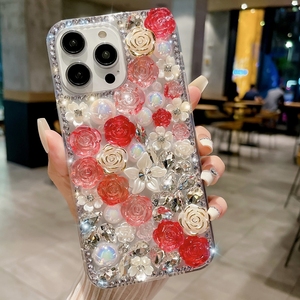 Custodia Bling con Strass e Diamanti per <span class=keywords><strong>iPhone</strong></span> 17 Air 16 15 14 Plus 13 Pro Max 12 11 X XS <span class=keywords><strong>XR</strong></span> 8 7 Plus, Cover per Telefono con Fiore Rosa per Ragazze - Product Image 1