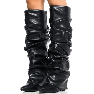Pleated Upper Pants Knee High <b>Boots</b> Ladies <b>Wedge</b> Heels Pants Shoes Women Camouflage Overlay Ruched Long <b>Boots</b> - Product Image 3