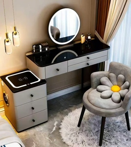 Modern Makeup Vanity Set LED Mirror Dressing <b>Desk</b> with Storage <b>Cabinet</b> Wireless Charging Station Bedroom Use - Product Image 3