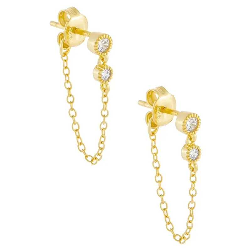 Fine Women's White Diamond Bezel Setting CZ Delicate Tassel Chain Earrings Jewelry in 925 Sterling Silver