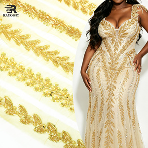 Tessuto <span class=keywords><strong>in</strong></span> <span class=keywords><strong>Tulle</strong></span> Ricamato a Mano con Perline e Paillettes Dorate per Abiti da Festa e da Sposa - Product Image 1