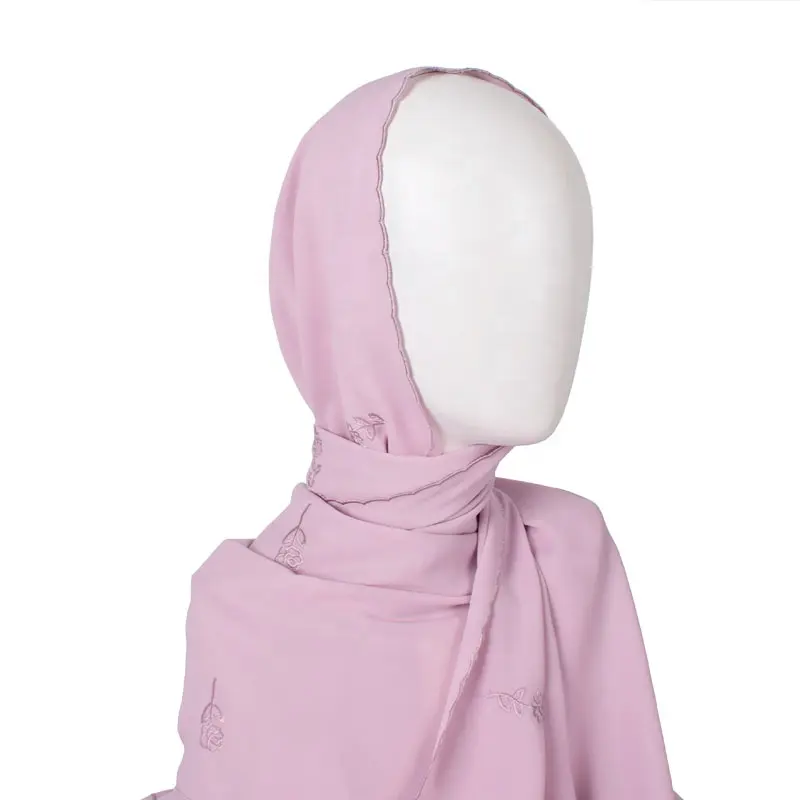 ファッションプレミアムイスラム教徒女性刺繍ホタテエッジレースシフォンヒジャーブソフトフローリーショールスカーフ工場直販