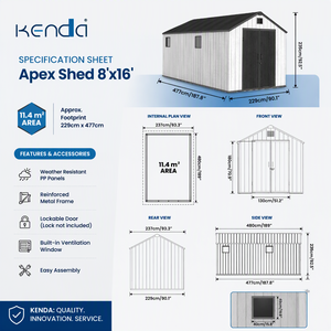 โรงเก็บของกลางแจ้ง KENDA GRANITE ขนาด 8x16 ฟุต รุ่น Apex ขนาดใหญ่พิเศษ พร้อมหน้าต่าง 4 บาน สำหรับสวนหลังบ้าน - Product Image 2
