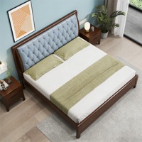 Lit double avec tête de lit rembourrée couleur noyer de style nordique, cadre de lit en bois massif extra large, mobilier de chambre minimaliste