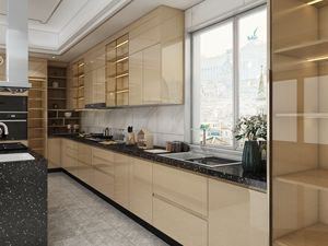 Armoires de cuisine modernes modulaires à finition brillante, portes en verre brunâtre de luxe, construction en contreplaqué, design imperméable, dosseret - Product Image 4