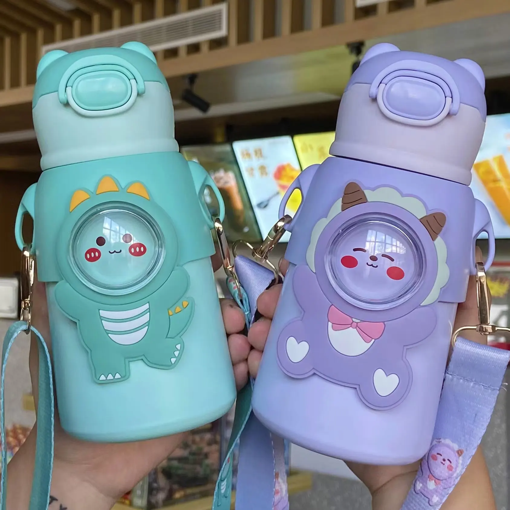 stainless steel vacuum 316 cartoon figures vacuum straw water bottle for kids with carry holder