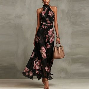 <span class=keywords><strong>Vestido</strong></span> <span class=keywords><strong>Maxi</strong></span> Bohemio con Estampado Floral para Mujer, Cuello Halter, Sin Mangas, Abertura Lateral, Tejido, Cintura Alta, para Verano, <span class=keywords><strong>Playa</strong></span> o Fiesta - Product Image 4