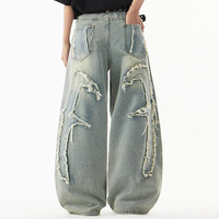 Jeans baggy pour homme sur mesure, jeans brodés en patchwork, bords effilochés, pantalon en denim à jambes larges, fabricant