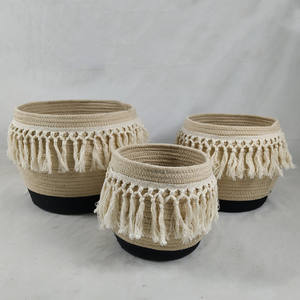 Set of 3 Cotton Rope Storage Basket Fringe Decoration with Lid
