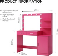 Coiffeuse moderne en bois sur mesure avec miroir de maquillage, 2 grands tiroirs, organisateur à 3 niveaux et 3 éclairages réglables