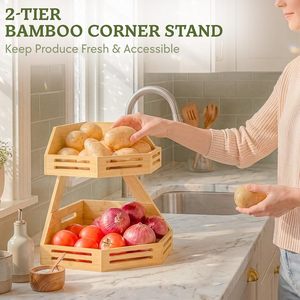 Bamboo double-layer storage rack for kitchen fruits and <b>vegetables</b>, desktop snack and sundry storage box, organizer basket, - Product Image 2
