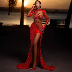Robes de bal africaines de luxe perlées, sexy, à manches longues, style Aso Ebi, robes de soirée à traîne, personnalisées, pour fêtes formelles - Product Image 1