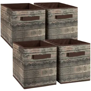 Foldable Storage Cube Basket Bin, Rustic Wood Grain Print, 4-Pack (Rustic Bin - Brown) foldable cube basket set