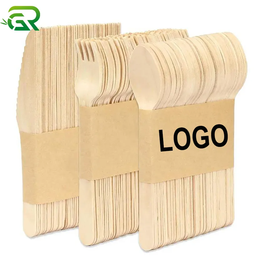 Umwelt freundliches Holz besteck Biologisch abbaubare Einweg-Custom ized Logo Bedruckte Holz gabeln Löffel Messer Set