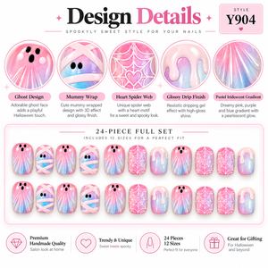 Ongles à presser de luxe Halloween, motif chat fantôme mignon, couverture complète, faux ongles, toile d'araignée en forme de cœur, mummy rose, venin doux pour fille - Product Image 2