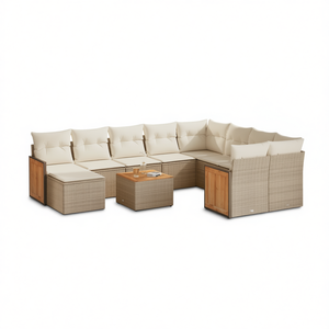 Ensemble de canapés de jardin beige, structure en rotin, bois de teck, 6 places, mobilier d'extérieur, design contemporain avec coussins - Product Image 1