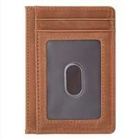 Dompet Kartu Kulit RR Crazy Horse, Dompet Saku Depan Minimalis Tipis dengan Jendela ID, Tempat Kartu Kredit Kulit Sapi Logo Kustom