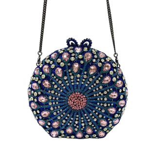 Sac de soirée de luxe rond pour femme avec strass, pochette florale en cristal, sac à main bleu rose pour mariage, soirée ou banquet - Product Image 4