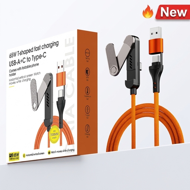 2026 Latest New Design Product Durable Nylon Braided Charging Cable 65W USB C Wire Type-C PD Cable 2in1 Stand Holding Cable