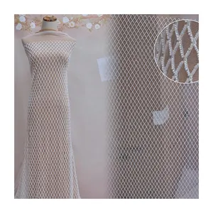 新亮片欧式风格连体裙式婚纱礼服欧美网格白色珍珠网纱刺绣面料