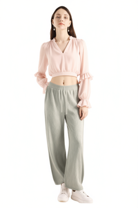 Ymk235 Completo da Donna 2 Pezzi in Chiffon con Scollo a V e Maniche a Volant, Vestibilità Ampia, Lunghezza Intera, Tinta Unita, Casual, Outfit Primavera Estate - Product Image 1