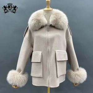 Janefurt批发冬季宽松皮草夹克羊毛和狐狸皮草夹克，口袋女羊绒外套