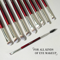 Kit de Pinceaux de Maquillage Luxe Végan de Haute Qualité Manche Bois Rouge pour Fond de Teint Fard à Paupières Estompe Voyage