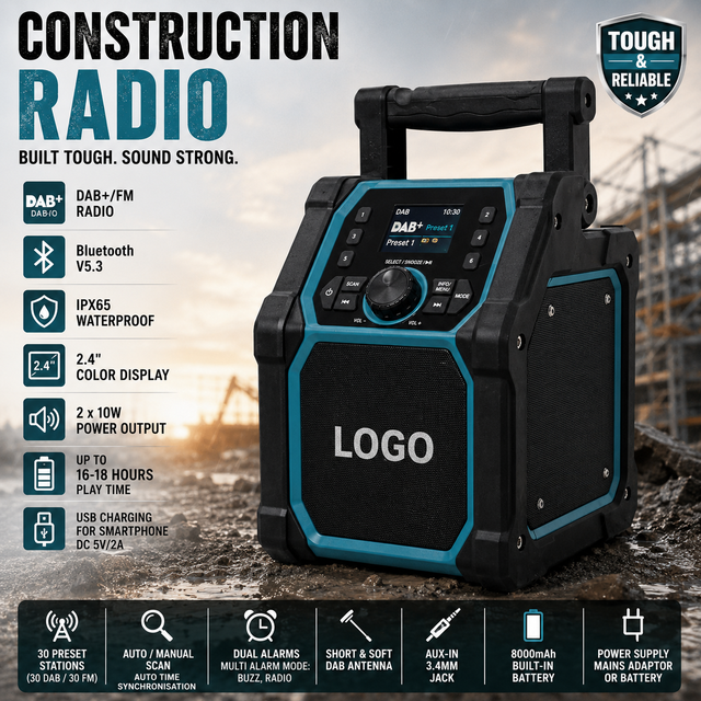 Muti-function 2*10W IPX54 BT Wireless Clock Phone Charging Robust Jobite DAB FM Radio Outdoor Construction Site Radio Speaker