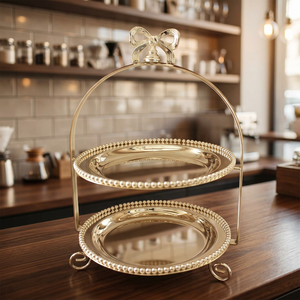 Eco-friendly golden tray Two-tier dessert <b>stand</b> <b>Vintage</b> metal <b>cake</b> <b>stand</b> Ornamental handle serving tray Hammered Finish Serving - Product Image 1
