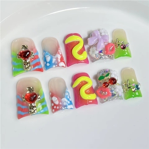 Faux ongles réutilisables créatifs à motif <span class=keywords><strong>dessin</strong></span>é à la main, design mignon et original 'Bec de Canard', faits main, à presser, de haute qualité, avec diamants décoratifs - Product Image 3