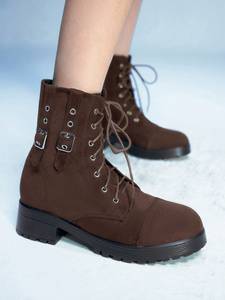 Trendy Ladies Faux Suede Combat <strong>Boots</strong> Dark <strong>Brown</strong> <strong>Lace</strong> up Side Zip Buckle Strap Block Heel Platform Ankle <strong>Boots</strong> for Daily Wear - Product Image 3