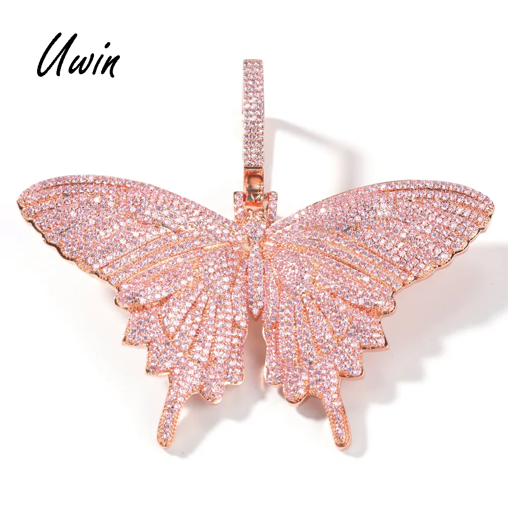 Collier papillon rose personnalisé pour femmes, pendentif de grande taille avec chaîne cubaine Bling pour rappeur, bijoux