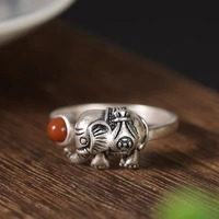Bague éléphant mignon en argent thaïlandais style ethnique, plaqué argent antique, incrustée de pierres précieuses jade vert et jade rouge, pour femmes, hommes et couples