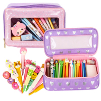 Trousse à crayons pour enfants en forme de cœur violet, avec fenêtre transparente, grande capacité, pochette de rangement pour fournitures scolaires, sac à fermeture éclair pour les filles