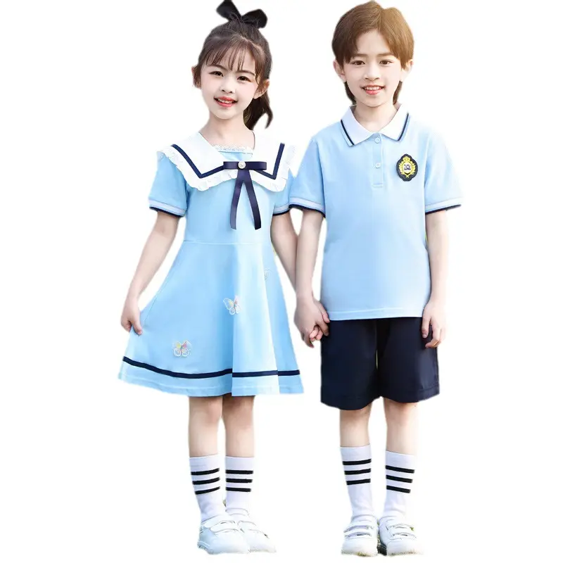 Seragam sekolah Musim Panas 2024 grosir untuk anak-anak desain kustom kain katun siswa seragam Polo seragam sekolah prasekolah