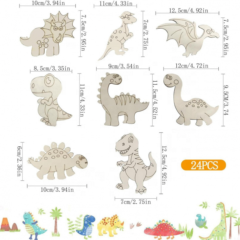 24 astillas de madera de dinosaurio + 24 cuerdas de cáñamo