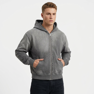 Aicid wash Men's Gray Hooded Zip-Up Fleece <b>Sweatshirt</b> Regular Fit Casual Autumn Wear Rhinestone <b>work</b> - Product Image 1