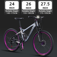 Vélo de montagne 24/26/27 pouces, 21 vitesses, suspension intégrale, freins à disque doubles, vélo de ville pour les déplacements en extérieur, VTT pour enfants et adolescents