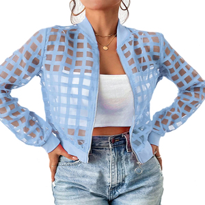 Custom <strong>Women</strong> See Through Mesh Plaid Zip <strong>Fly</strong> Lightweight Casual Sheer Bomber <strong>Jacket</strong> Transparent <strong>Jacket</strong> - Product Image 2