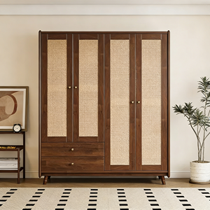 Série de meubles de chambre à coucher en bois brun clair/foncé, rotin naturel + bois massif, style rétro Nanyang, armoire, meilleur prix - Product Image 5