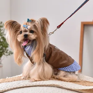 Chaqueta de Cuero para Perro con Cuello a Cuadros, Abrigo de Invierno para Mascotas con Forro Polar y Anillo para Arnés, Ropa para <span class=keywords><strong>Cachorros</strong></span> al por Mayor - Product Image 5