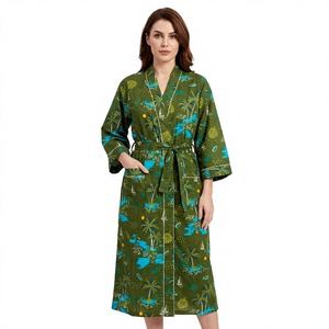 Robe longue indienne faite à la main en coton pour femme, imprimé floral, respirante, écologique, col en V, fermeture à ceinture, idéale pour l'été - Product Image 1
