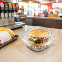 Emballage en blister transparent jetable en PET pour hamburgers, cheeseburgers, nouilles, tartes aux fruits, rouleaux de cannelle, restauration rapide, vente au détail, épicerie