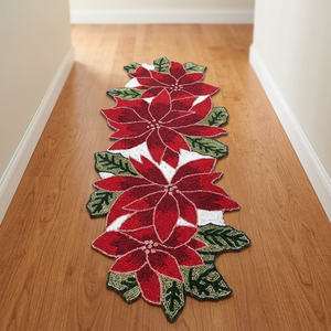 Camino de Mesa Bordado con Flores de Poinsettia, Rojo y Verde, Decoración Tradicional para el Hogar, Lavable - Product Image 1