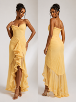 Vestido Maxi de Malla Amarillo Pálido con Volantes, Cuello en V, Tirantes Finos, Ajustado, Fruncido y Abertura Alta - ¡Nueva Llegada, Gran Venta en EE. UU. y Australia!